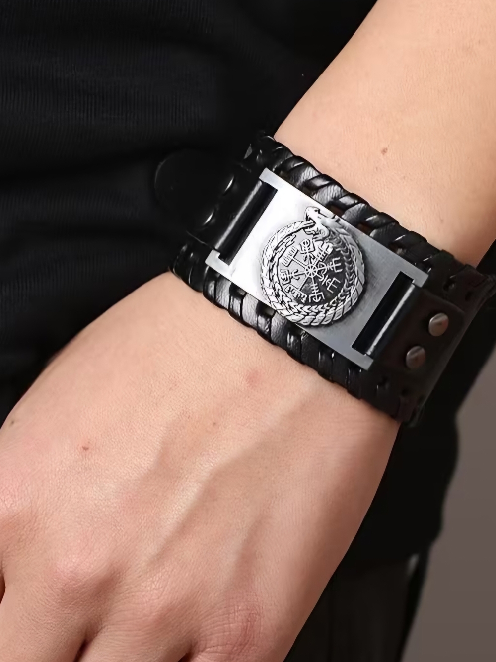Black Leather Braided Cuff Bracelet with Silver Ouroboros Medallion, Mens